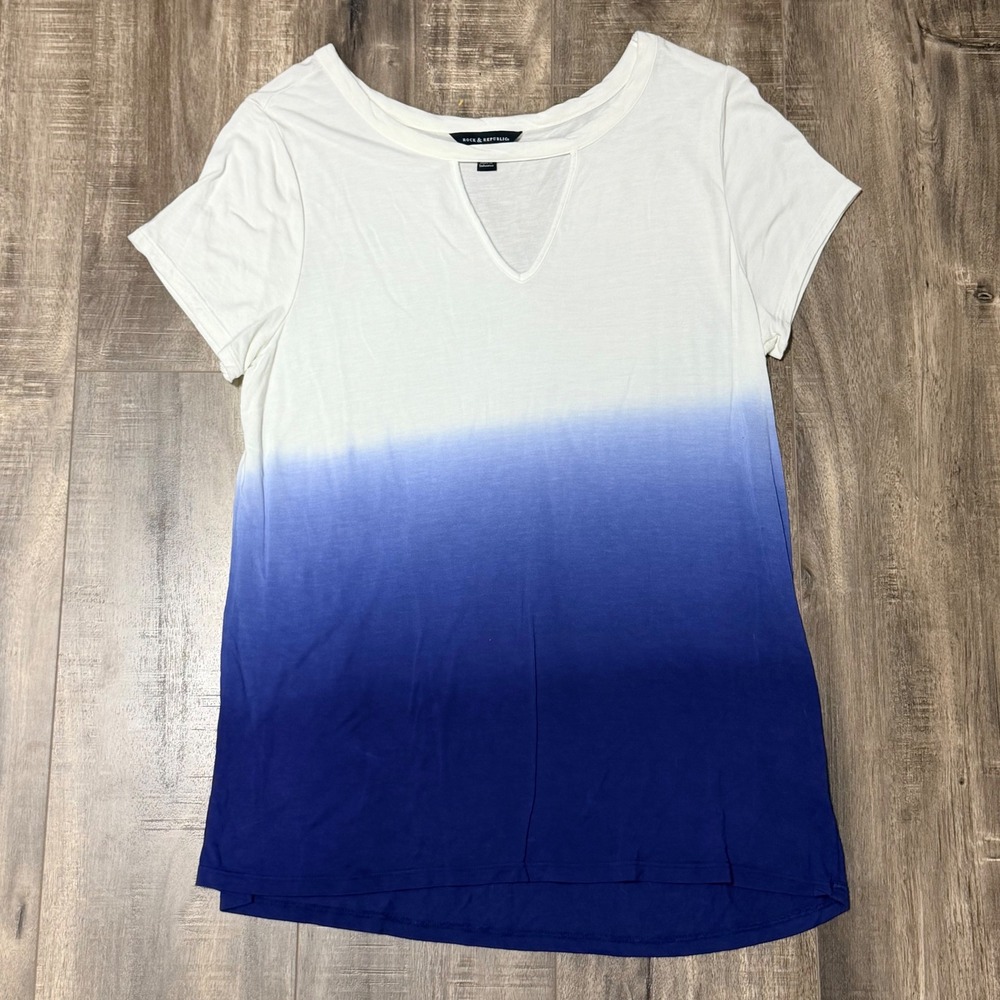 Rock &‎ Republic Womens Blue White Ombre Cutout V-Neck Short Sleeve Top Large
